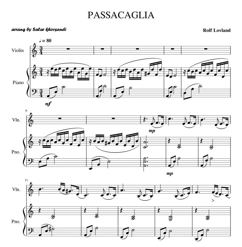 نت ویولن  ویولن و  زیبای  PASSACAGLIA از گروه سکرت گاردن برای نوازندگان متوسط | نت ویولن رولف لولند