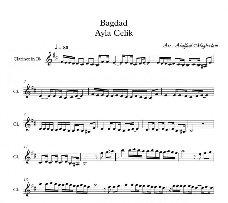 نت کلارینت  کلاری ترکیه ای bagdad از ayla celik برای نوازندگان متوسط | نت کلارینت آیلا چلیک