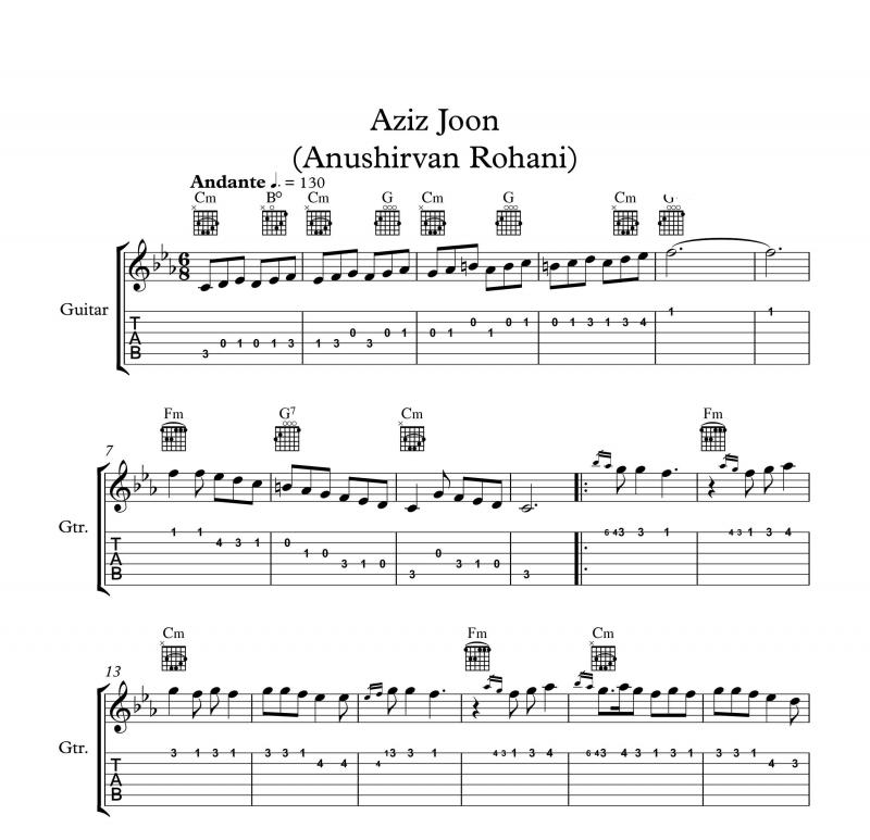 نت گیتار  عزیز جون انوشیروان روحانی و برای نوازندگان متوسط | نت گیتار انوشیروان روحانی