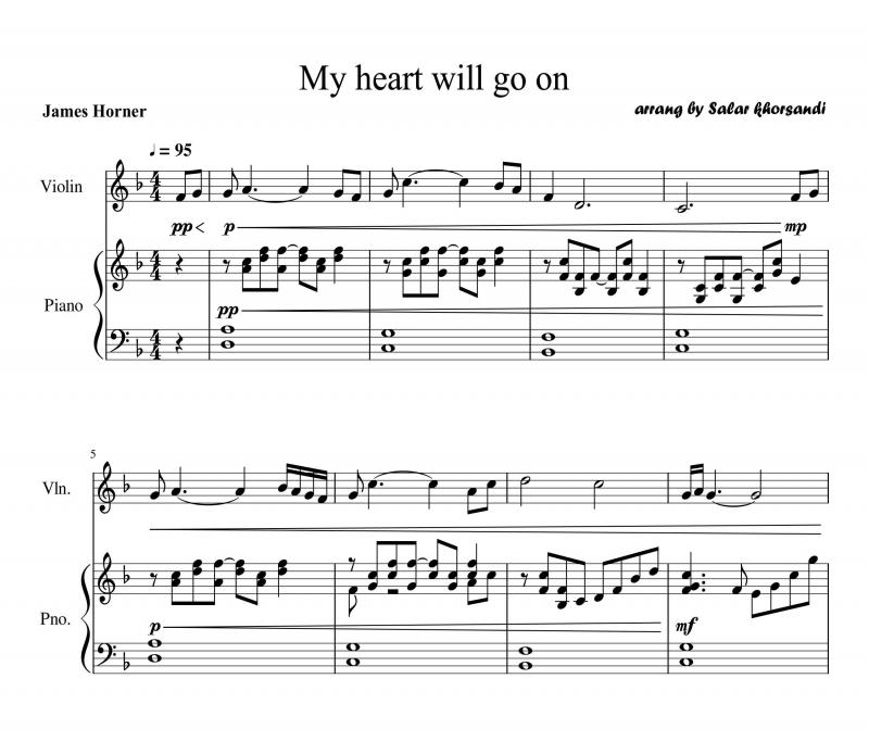 نت ویولن  پیانو و ویولن (my heart will go on) فیلم تایتانیک برای دونوازی برای نوازندگان متوسط | نت ویولن جیمز هورنر