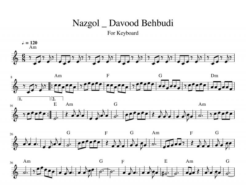 نت کیبورد  آهنگ ناز گل از داود بهبودی به  در دو گام ساده و اصلی برای نوازندگان متوسط | نت کیبورد داوود بهبودی