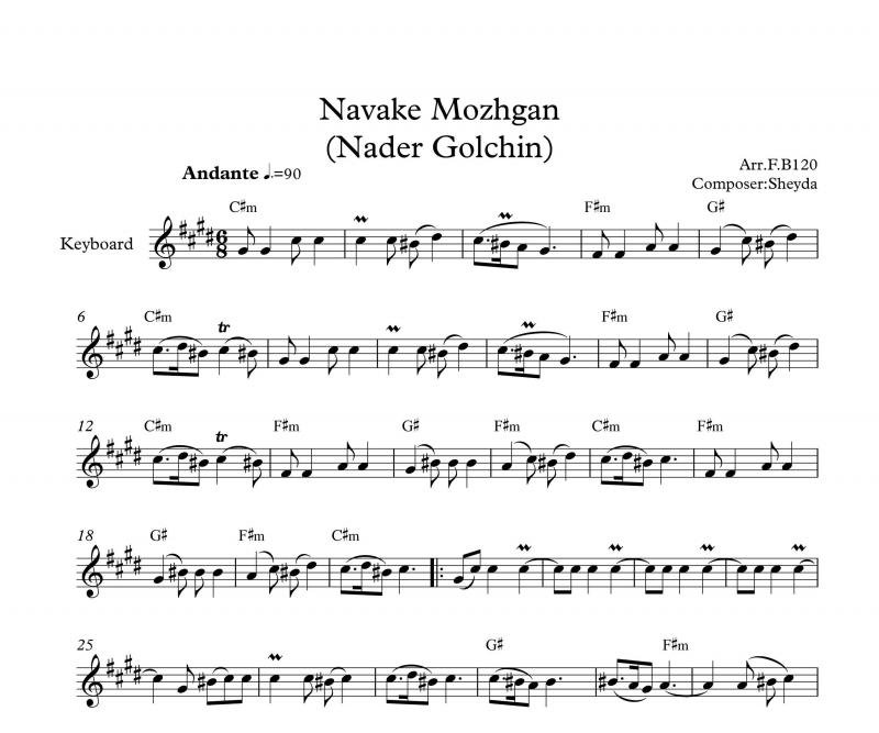 نت کیبورد  آهنگ ناوک مژگان از نادر گلچین به برای نوازندگان متوسط | نت کیبورد علی اکبر شیدا