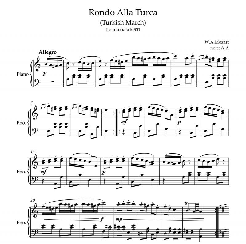 نت پیانو  rondo alla turca mozart (ترکیش مارش) برای نوازندگان حرفه ای | نت پیانو ولفگانگ آمادئوس موتسارت