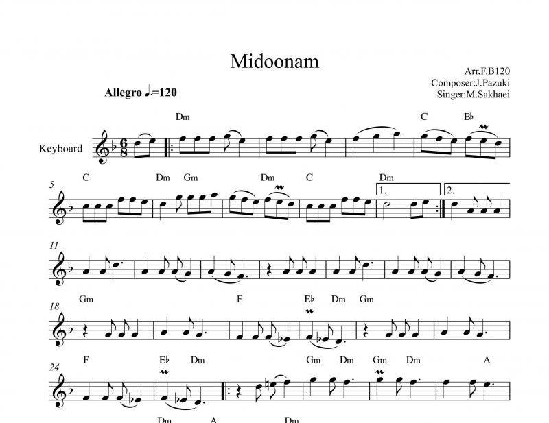 نت کیبورد  میدونم از منوچهر سخایی برای نوازندگان متوسط | نت کیبورد جهانبخش پازوکی