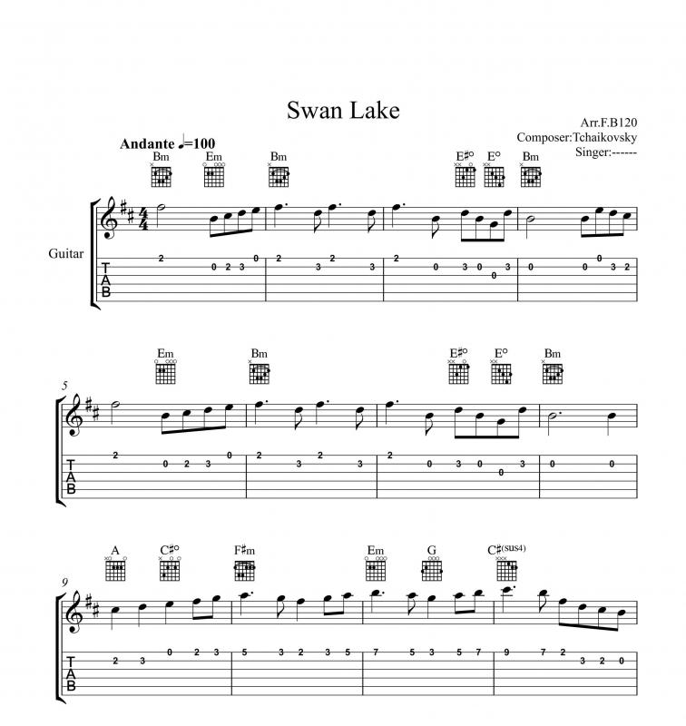 نت گیتار  دریاچه قو ( swan lake ) و برای نوازندگان متوسط | نت گیتار پیوتر ایلیچ چایکوفسکی