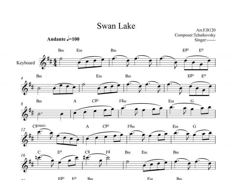 نت کیبورد  دریاچه قو swan lake برای نوازندگان متوسط | نت کیبورد پیوتر ایلیچ چایکوفسکی
