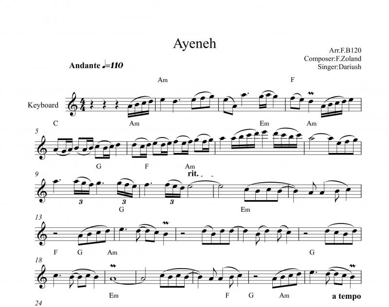 نت کیبورد  آینه داریوش برای نوازندگان متوسط | نت کیبورد فرید زلاند