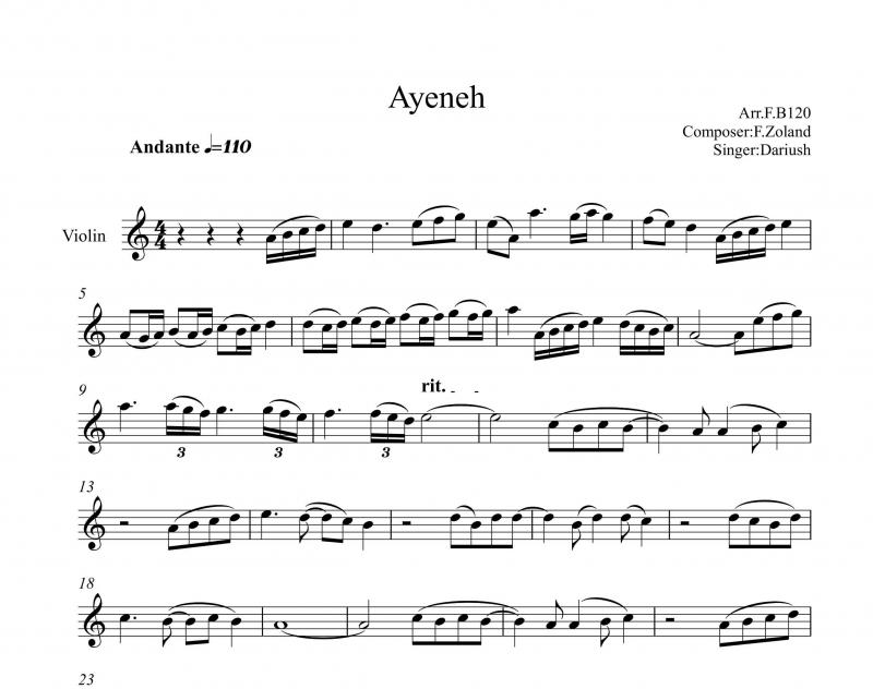 نت ویولن  آینه داریوش برای نوازندگان متوسط | نت ویولن فرید زلاند