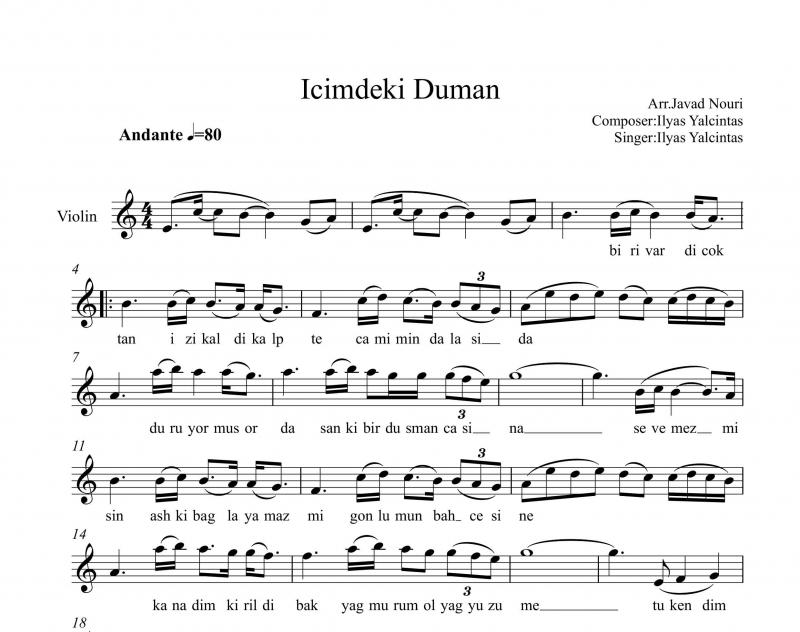 نت ویولن  Icimdeki Duman برای نوازندگان متوسط | نت ویولن الیاس یالچینتاش