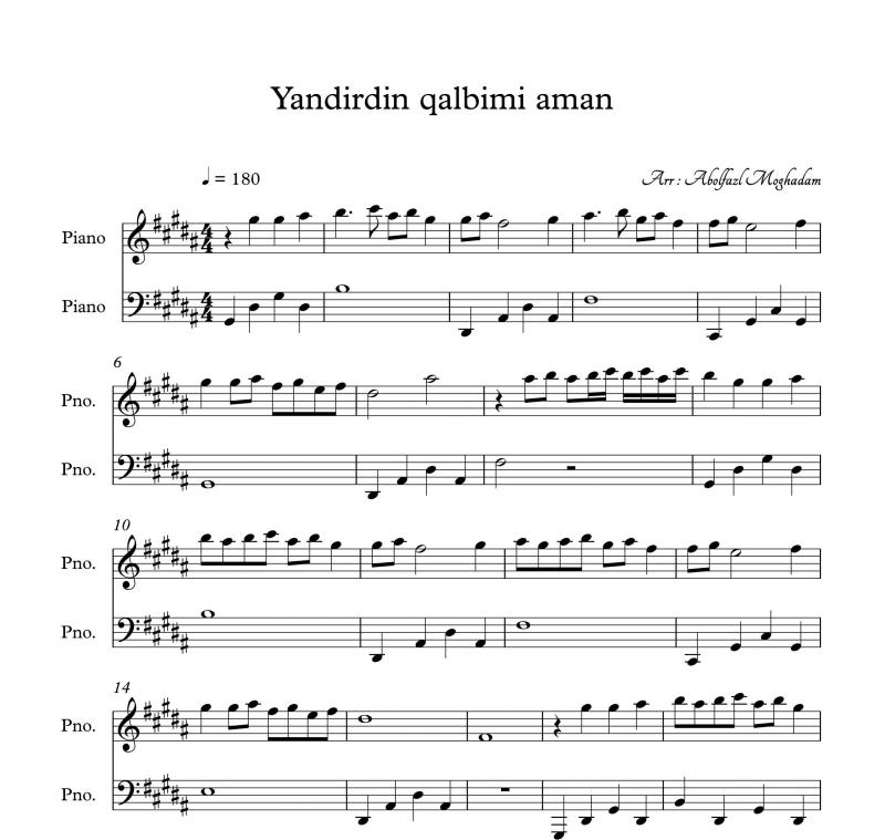 نت پیانو  آذربایجانی yandirdin qalbimi aman برای نوازندگان متوسط | نت پیانو محلی آذربایجان
