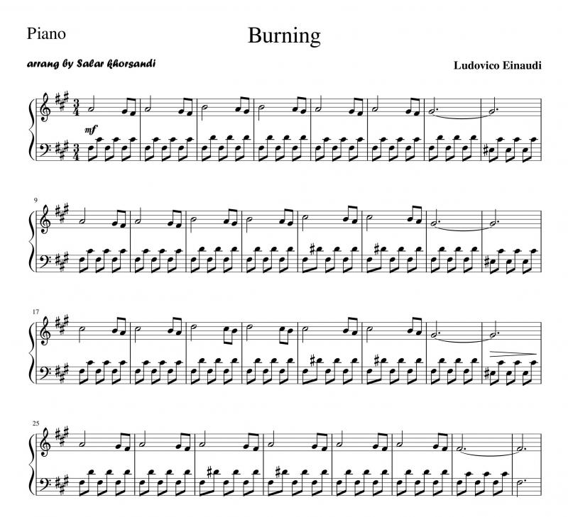 نت ویولن  burning (سوختن) از Ludovico Einaudi برای نوازندگان متوسط | نت ویولن لودویکو اناودی