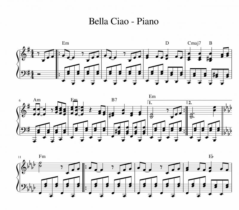 نت پیانو  Bella Ciao بلاچاو برای نوازندگان متوسط | نت پیانو مانلی جمال
