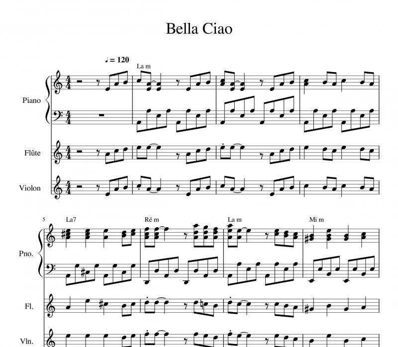نت ویولن  بلاچاو Bella Ciao برای هم نوازی پیانو ویولن و فلوت برای نوازندگان متوسط | نت ویولن مانلی جمال