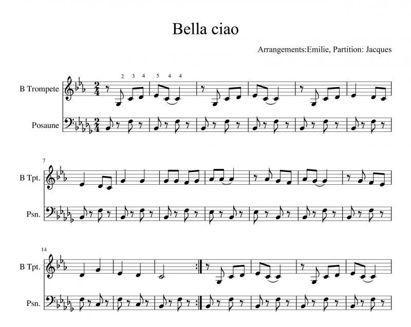 نت ترومپت  بلاچاو Bella Ciao برای دونوازی  سی بمل  و ترومبون برای نوازندگان متوسط | نت ترومپت مانلی جمال
