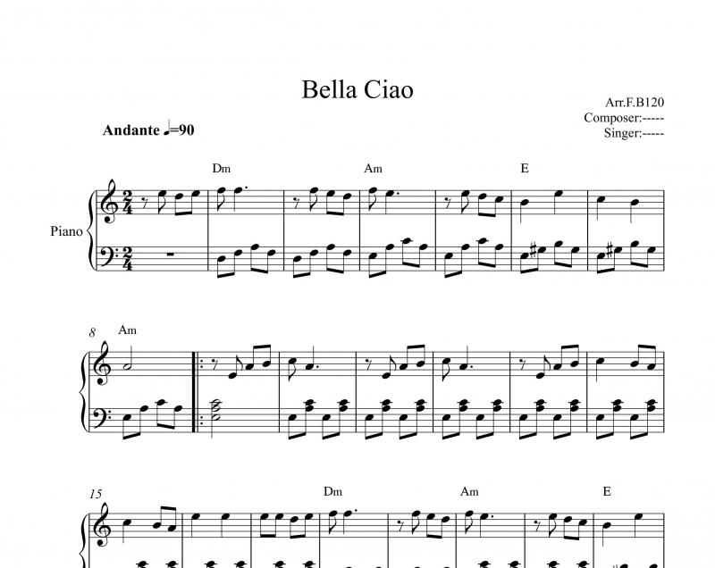 نت پیانو  بلاچاو Bella Ciao سطح مبتدی در گام لامینور برای نوازندگان مبتدی | نت پیانو مانلی جمال