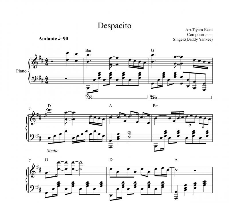 نت پیانو  despacito برای نوازندگان حرفه ای | نت پیانو لوییس فانسی