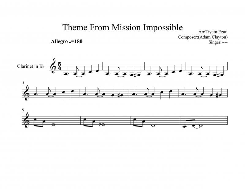 نت کلارینت  فیلم ماموریت غیر ممکن Mission Impossible برای نوازندگان متوسط | نت کلارینت دنی الفمن