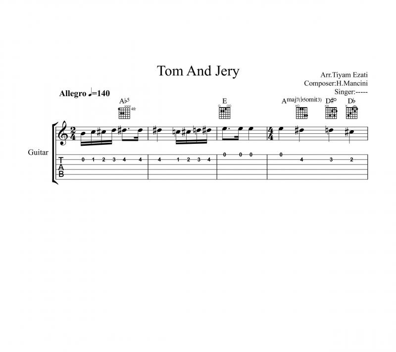 نت گیتار  Tom And Jerry تام و جری و برای نوازندگان متوسط | نت گیتار دیوید ریکارد