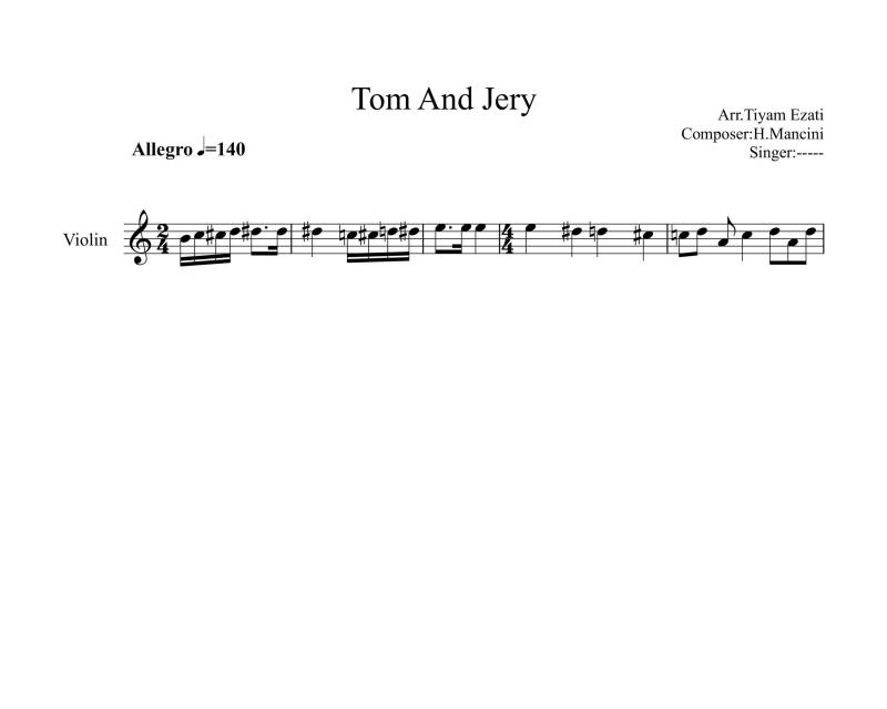 نت ویولن  Tom And Jerry تام و جری برای نوازندگان متوسط | نت ویولن دیوید ریکارد