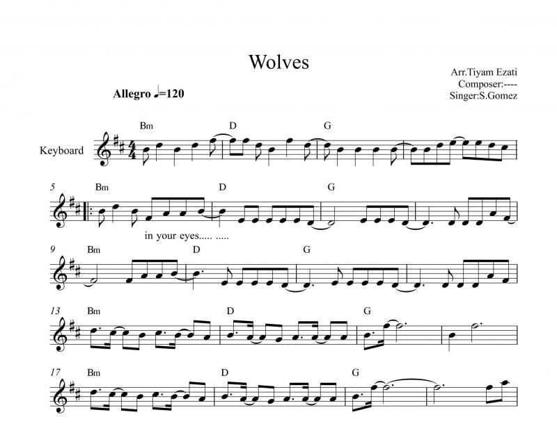 نت کیبورد  wolves از selena gomez به برای نوازندگان متوسط | نت کیبورد سلنا گومز