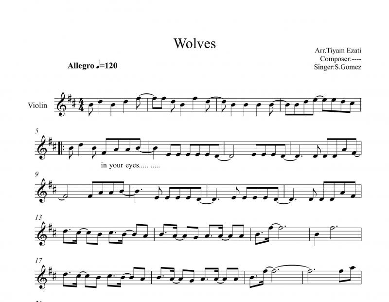 نت ویولن  wolves از selena gomez برای نوازندگان متوسط | نت ویولن سلنا گومز