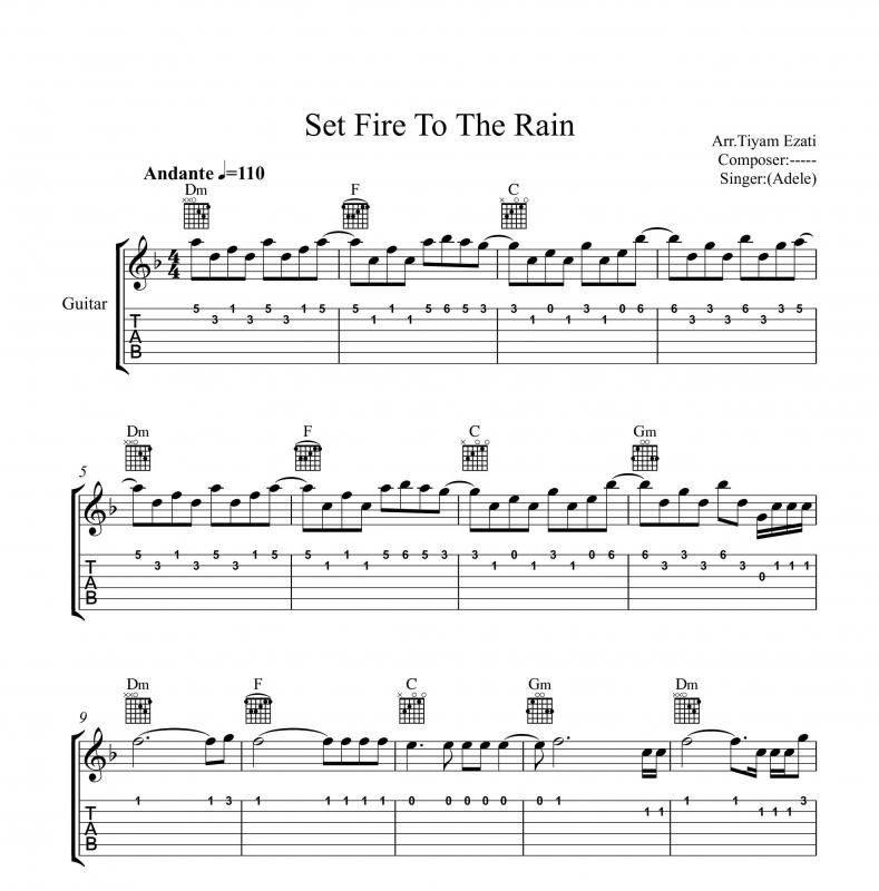 نت گیتار  Set fire to the rain ادل و برای نوازندگان متوسط | نت گیتار ادل لوری