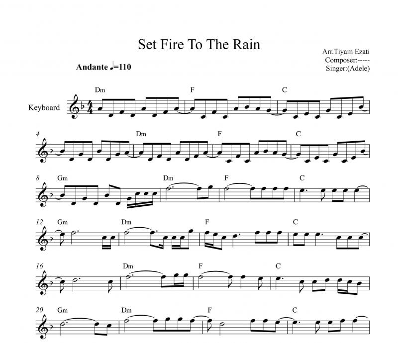 نت کیبورد  Set fire to the rain ادل به برای نوازندگان متوسط | نت کیبورد ادل لوری