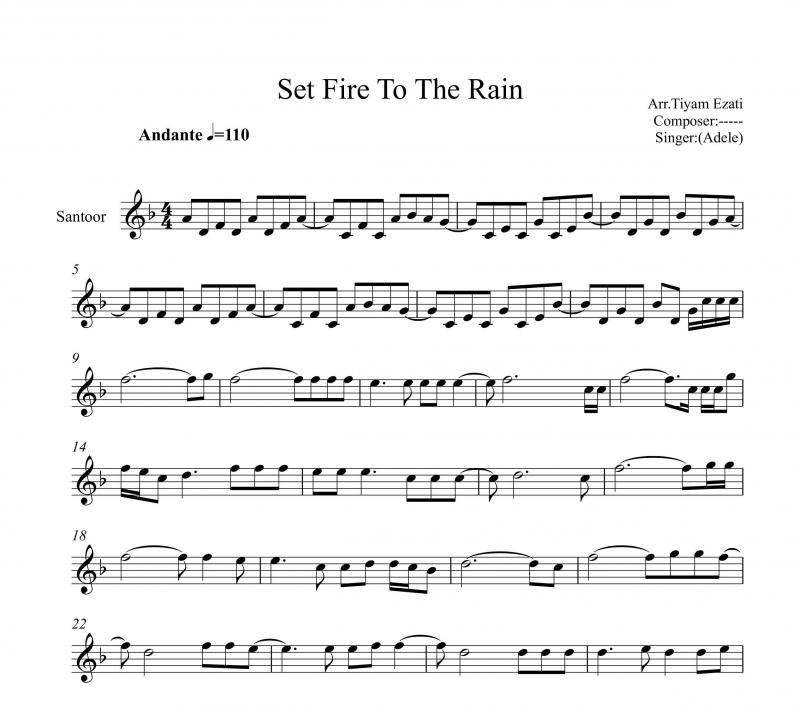 نت سنتور  Set fire to the rain ادل برای نوازندگان متوسط | نت سنتور ادل لوری