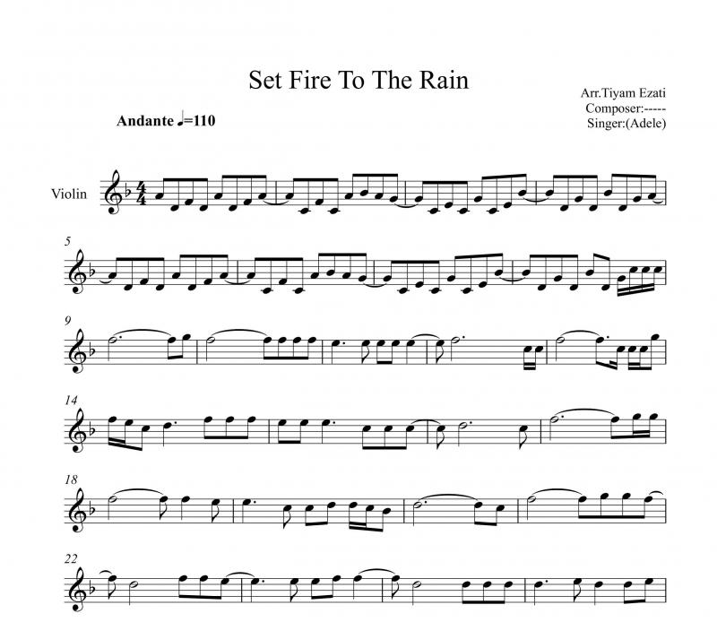 نت ویولن  Set fire to the rain ادل برای نوازندگان متوسط | نت ویولن ادل لوری