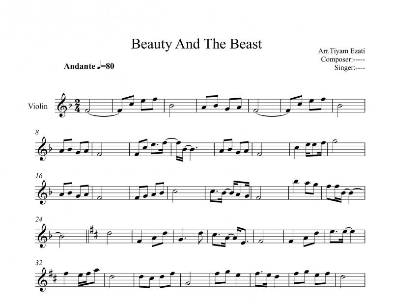 نت ویولن  فیلم دیو و دلبر Beauty and the Beast برای نوازندگان متوسط | نت ویولن آلن منکن