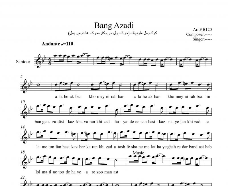 نت سنتور  بانگ آزادی محمد گلریز برای نوازندگان متوسط | نت سنتور احمد علی راغب