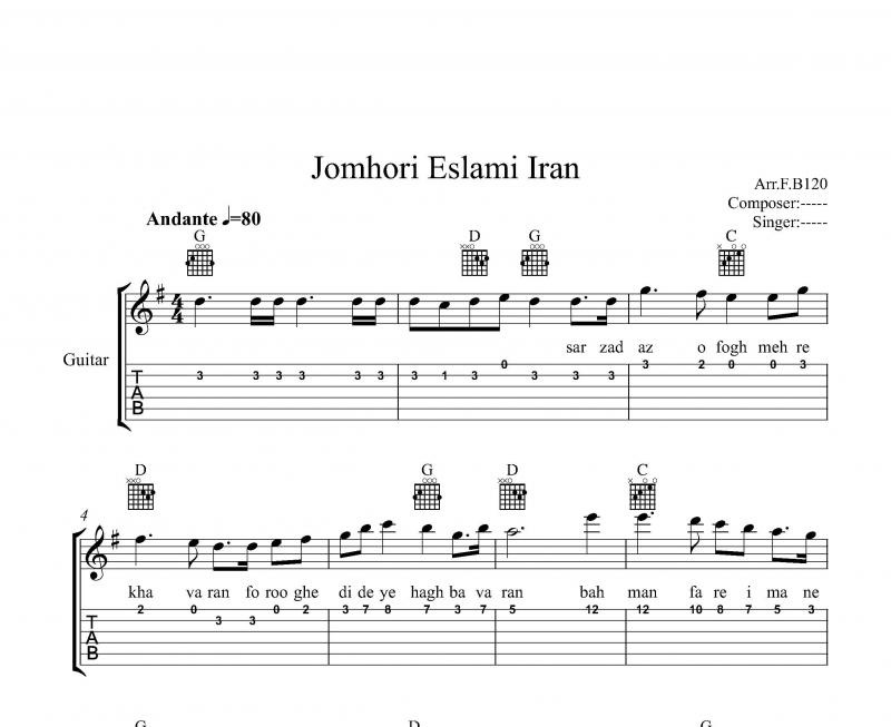 نت گیتار  سرود جمهوری اسلامی ایران برای نوازندگان مبتدی | نت گیتار حسن ریاحی