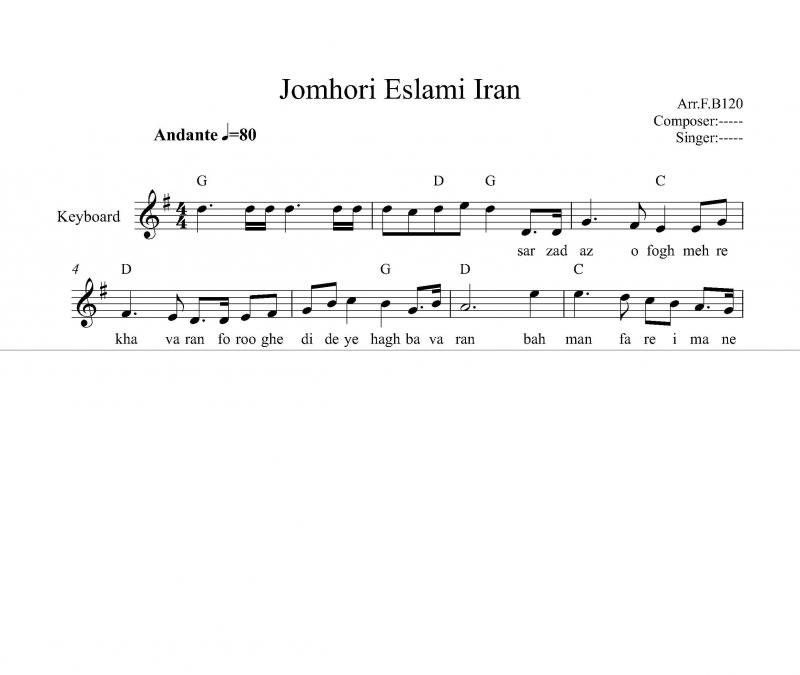 نت کیبورد  سرود جمهوری اسلامی ایران برای نوازندگان مبتدی | نت کیبورد حسن ریاحی