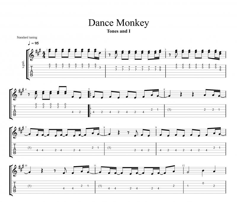 نت گیتار  Dance Monkey تونی واتسون برای نوازندگان متوسط | نت گیتار تونی واتسون