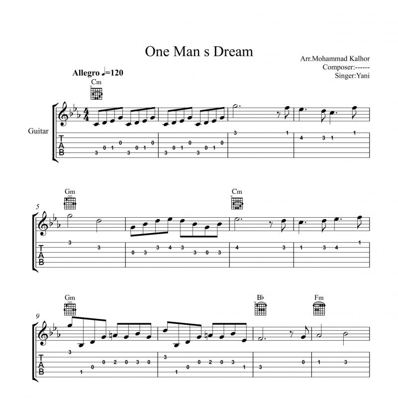 نت گیتار  One Mans Dream یانی و برای نوازندگان متوسط | نت گیتار یانیس کریسومالیس