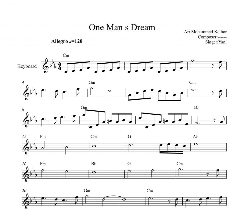 نت کیبورد  One Mans Dream یانی به برای نوازندگان متوسط | نت کیبورد یانیس کریسومالیس