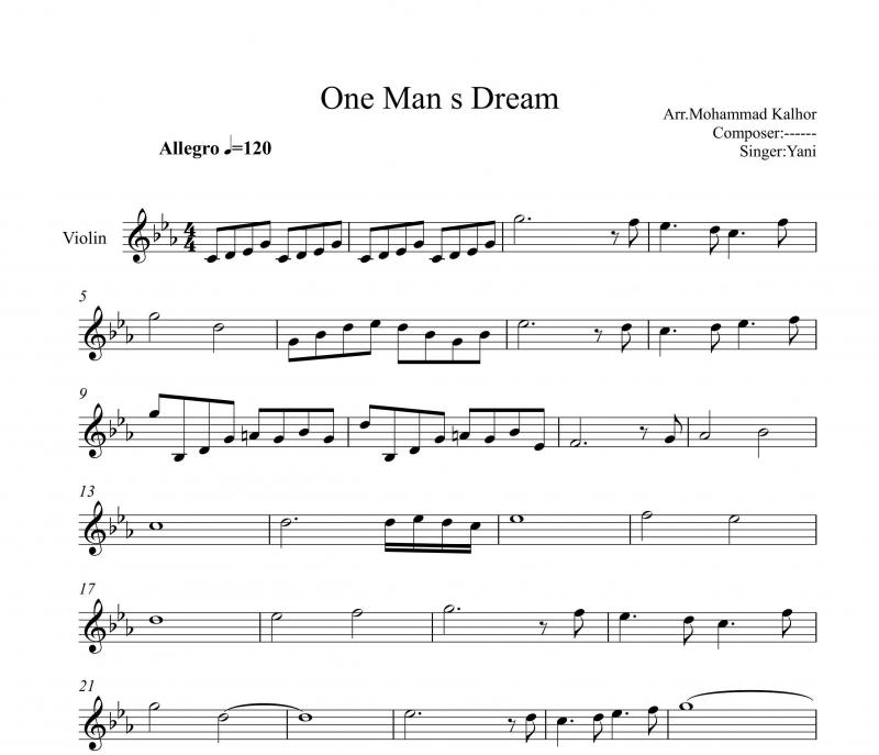 نت ویولن  One Mans Dream یانی برای نوازندگان متوسط | نت ویولن یانیس کریسومالیس