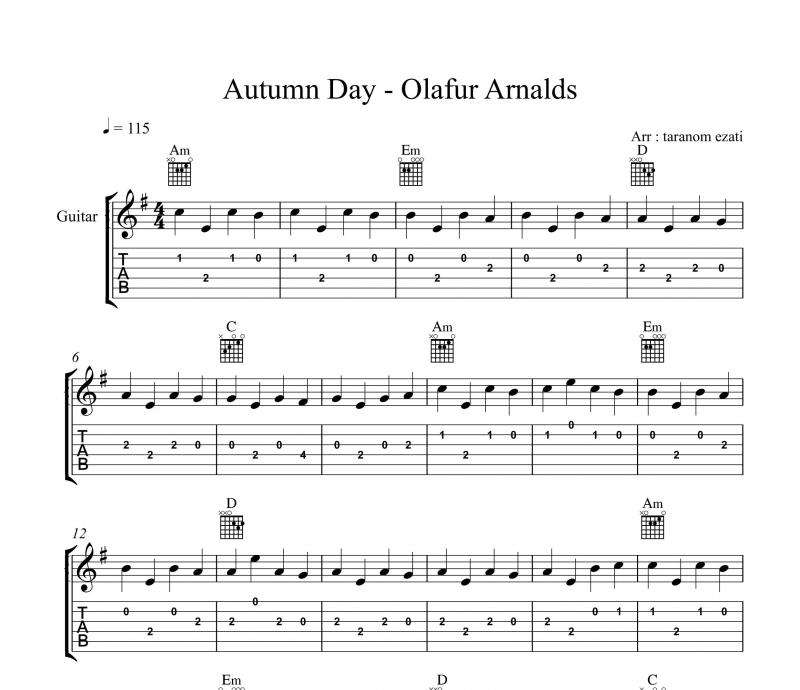 نت گیتار  autumn days از olafur arnalds و برای نوازندگان مبتدی | نت گیتار اولافور آرنالس