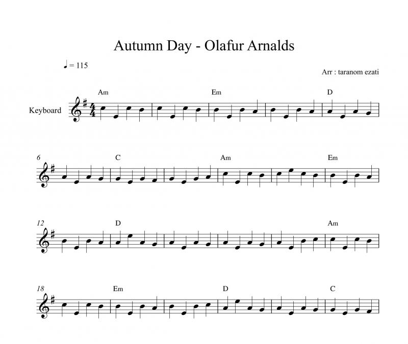 نت کیبورد  autumn days از olafur arnalds به برای نوازندگان مبتدی | نت کیبورد اولافور آرنالس