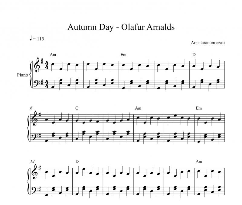 نت پیانو  autumn days از olafur arnalds برای نوازندگان مبتدی | نت پیانو اولافور آرنالس