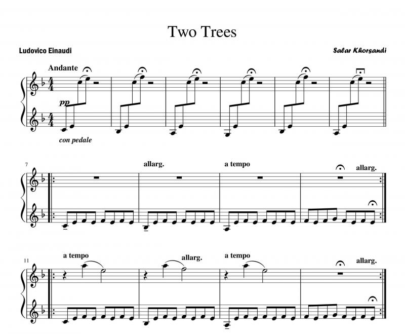 نت پیانو  Two Trees از Ludovico Einaudi برای نوازندگان متوسط | نت پیانو لودویکو اناودی