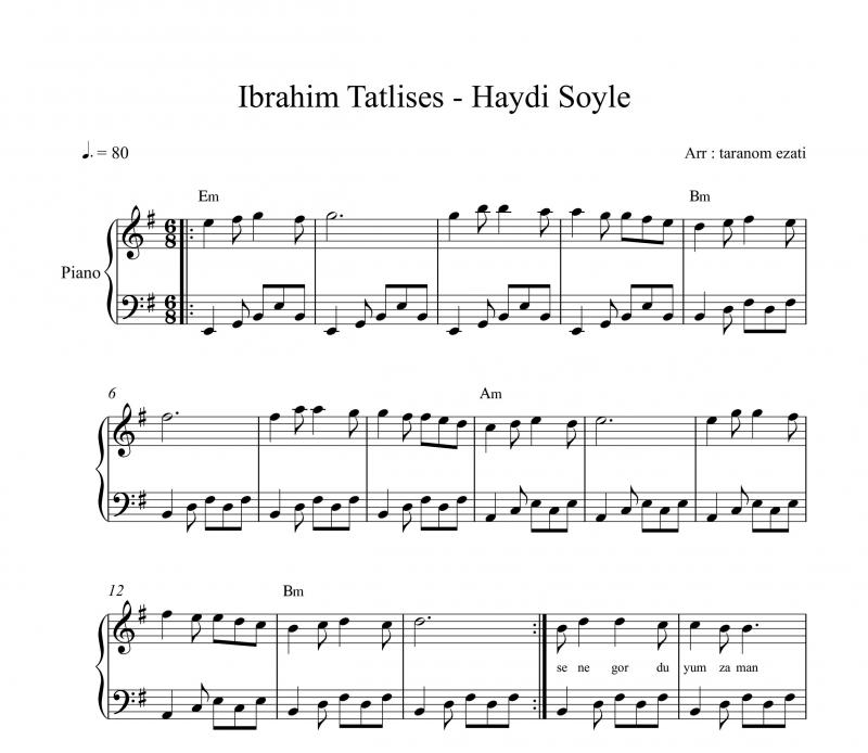 نت پیانو  haydi soyle ابراهیم تاتلیسس برای نوازندگان متوسط | نت پیانو ابراهیم تاتلیسس