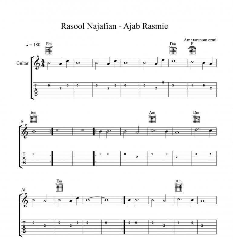 نت گیتار  عجب رسمیه رسم زمونه رسول نجفیان و برای نوازندگان متوسط | نت گیتار رسول نجفیان