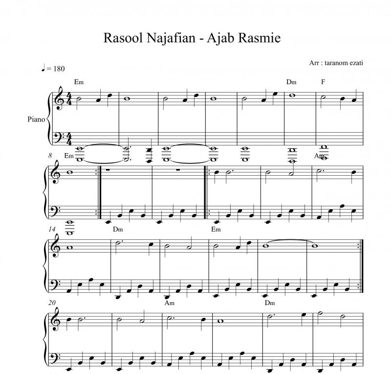 نت پیانو  عجب رسمیه رسم زمونه رسول نجفیان برای نوازندگان متوسط | نت پیانو رسول نجفیان