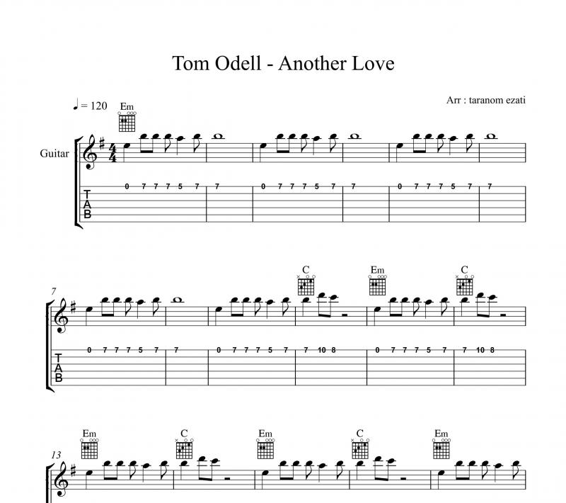 نت گیتار  another love تام اودل tom odell و برای نوازندگان متوسط | نت گیتار تام اودل