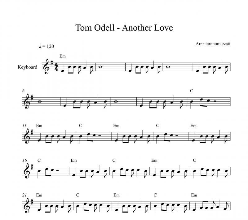 نت کیبورد  another love تام اودل tom odell به برای نوازندگان متوسط | نت کیبورد تام اودل