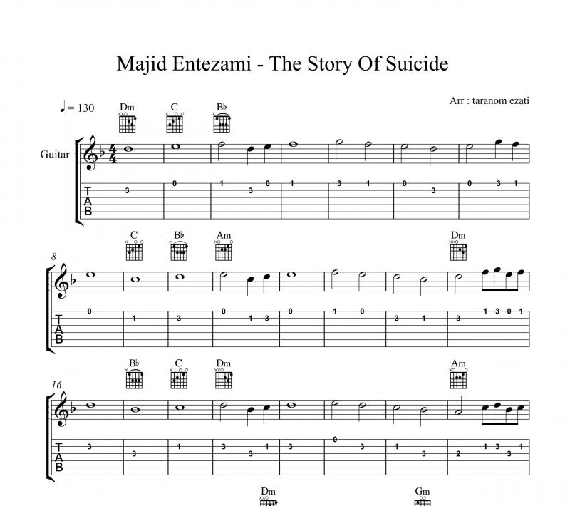 نت گیتار  the story of suicide مجید انتظامی روایت یک خودکشی و برای نوازندگان متوسط | نت گیتار مجید انتظامی