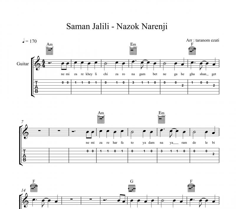 نت گیتار  نازک نارنجی سامان جلیلی حواست بهم باشه و برای نوازندگان متوسط | نت گیتار رضا آبزین