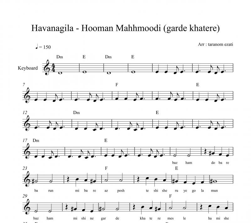 نت کیبورد  هاوا ناگیلا هومن محمودی گرد خاطره به برای نوازندگان متوسط | نت کیبورد موسیقی فولکلور