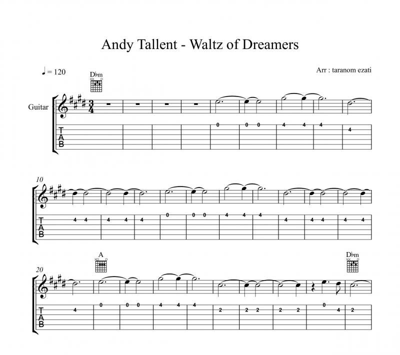 نت گیتار  waltz of dreamers از andy tallent و برای نوازندگان متوسط | نت گیتار اندی تلنت
